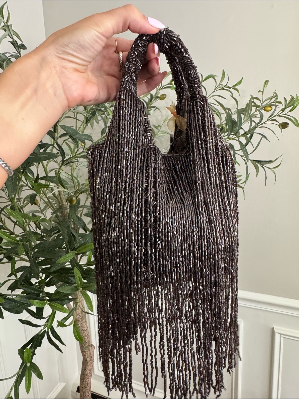 Made in India Brown Beaded Fringe Handbag Clutch - Picture 3 of 5